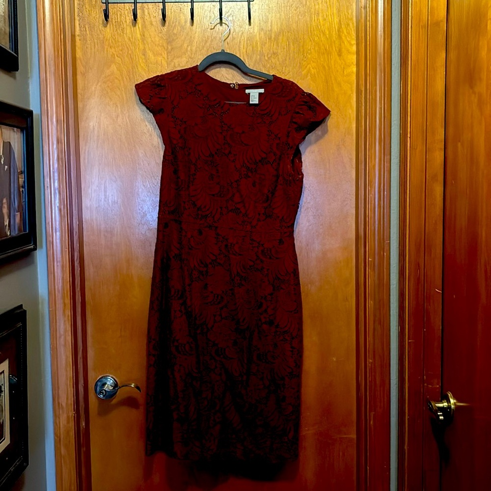 H&M Deep Orange Floral Lace Dress Size 10